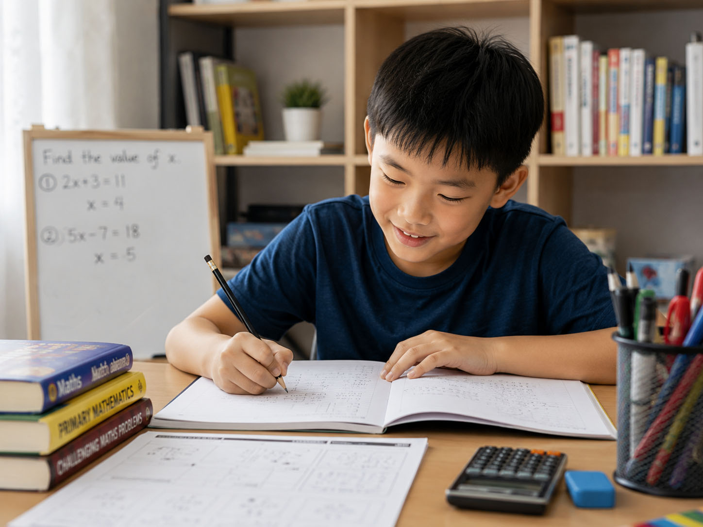 Primary school student learning mathematics with a tutor