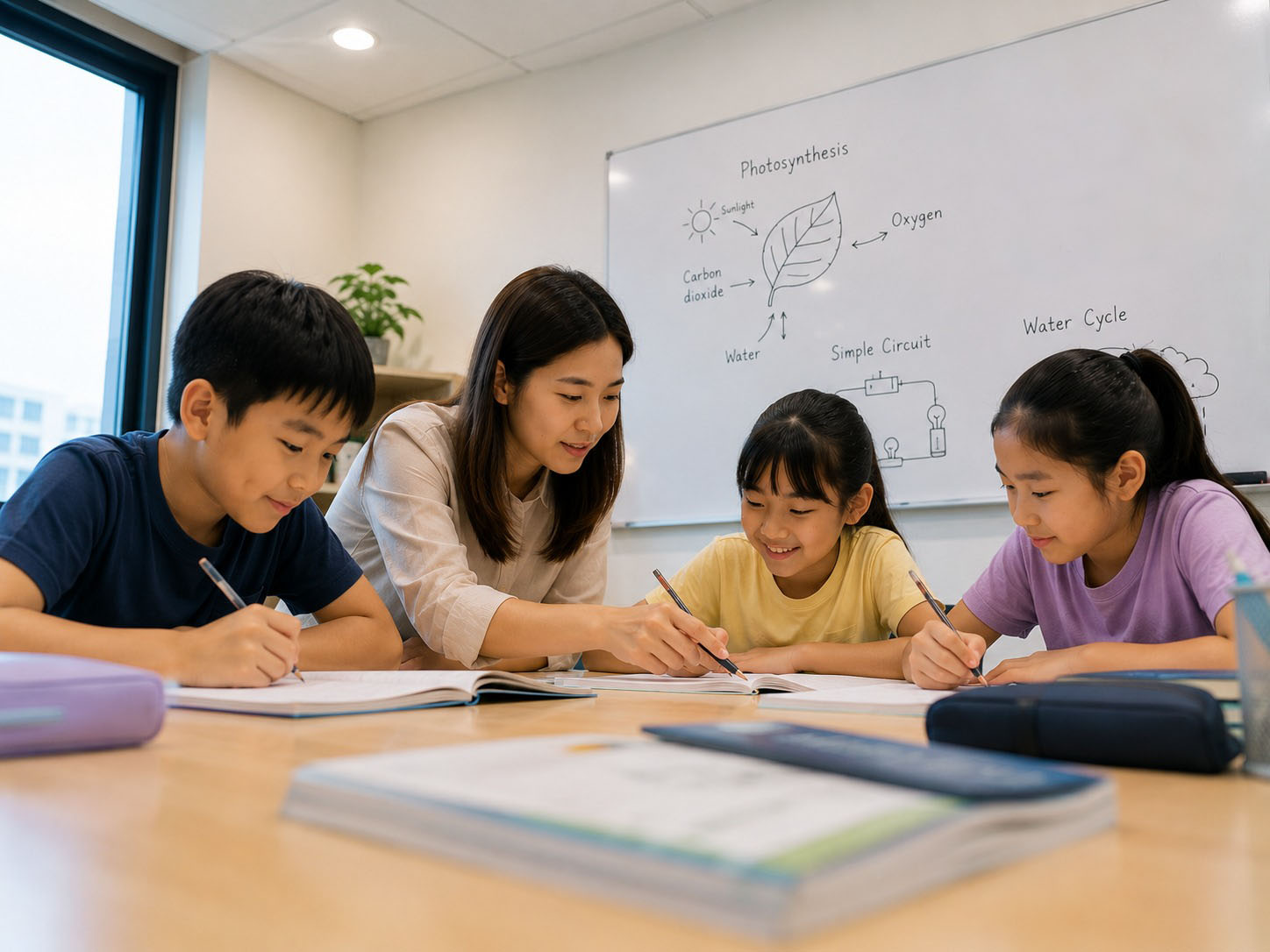 Primary school students learning science in a tuition class