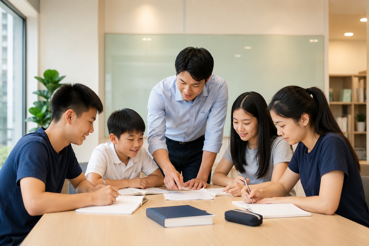 Students studying with a teacher in a premium tuition centre setting